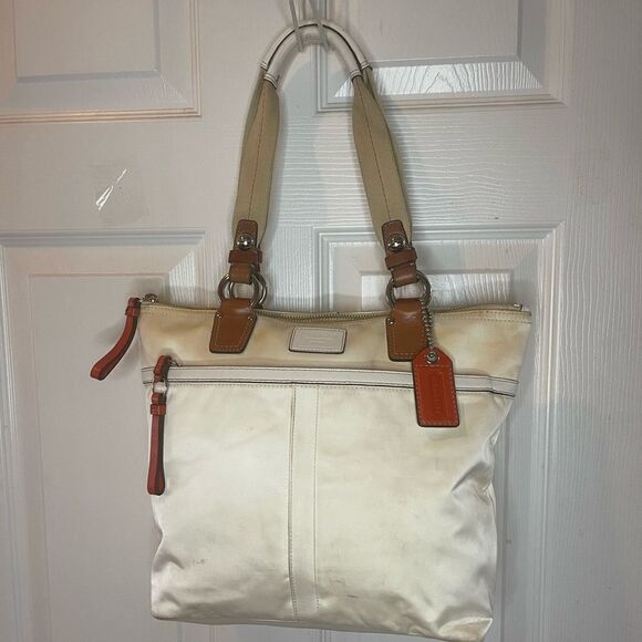 Coach Handbags - Coach Hampton off white  nylon and leather tan & orange trims satchel